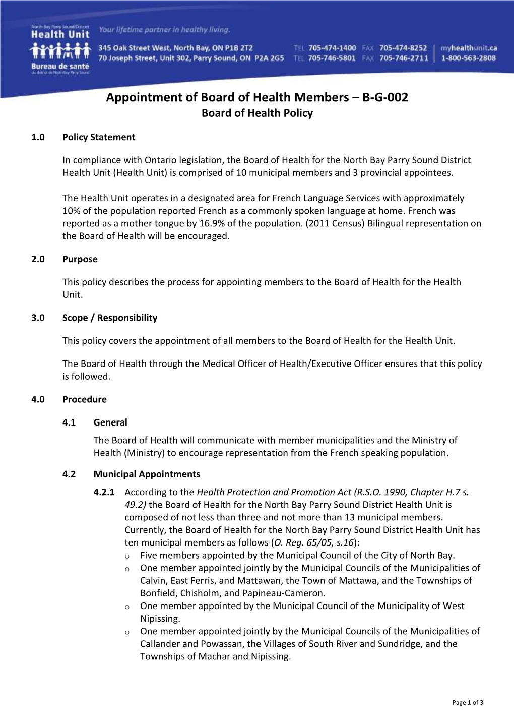 Appointment of Board of Health Members – B-G-002 Board of Health Policy