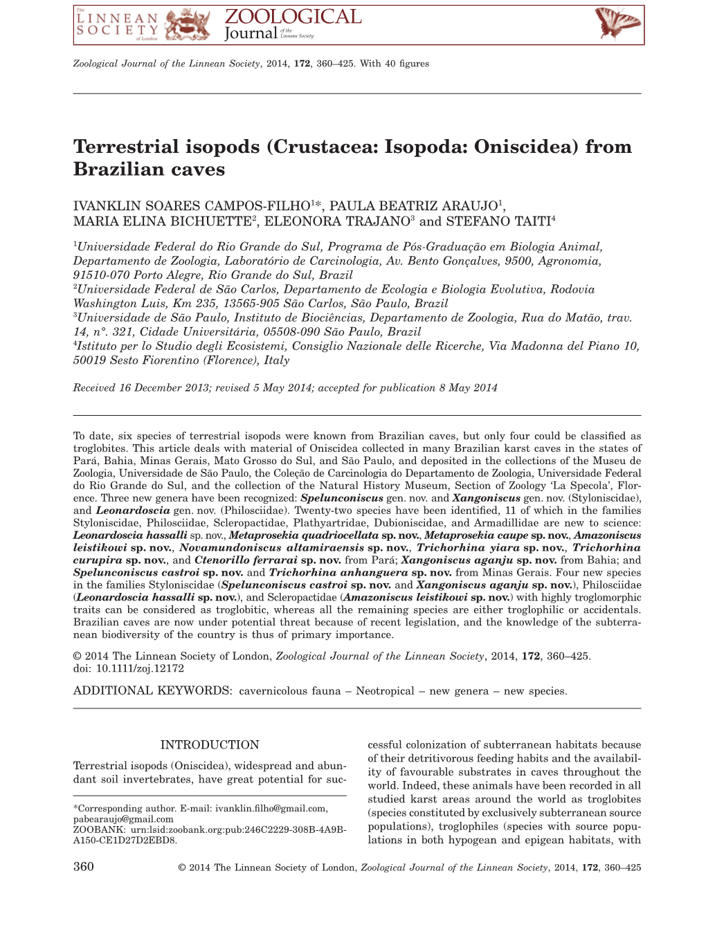 Terrestrial Isopods (Crustacea: Isopoda: Oniscidea) from Brazilian Caves