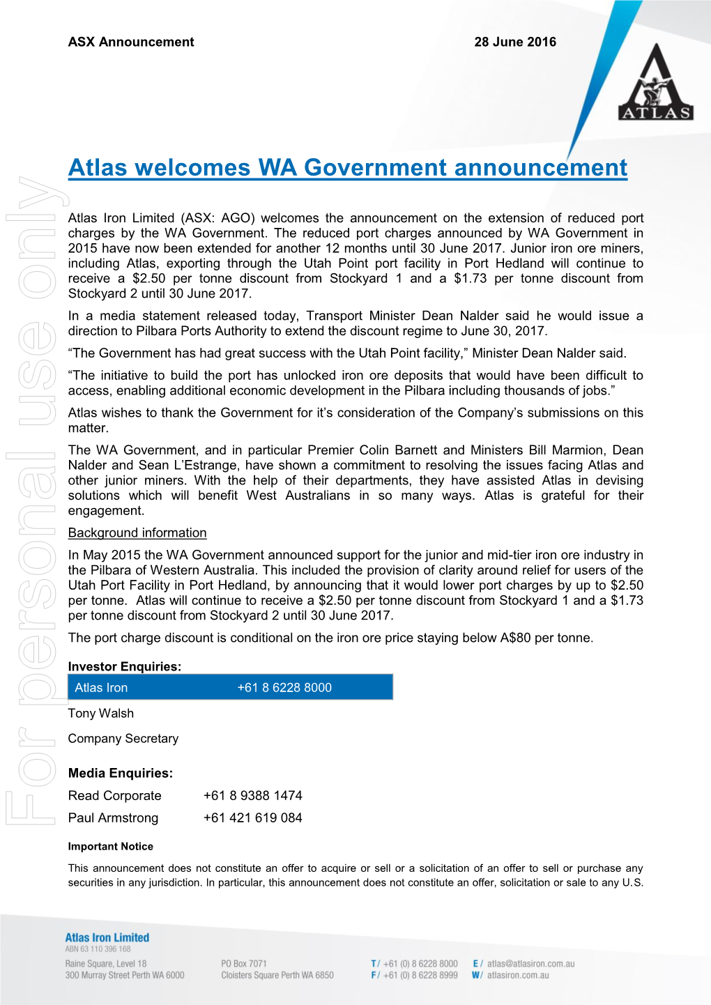Atlas Welcomes WA Government Announcement