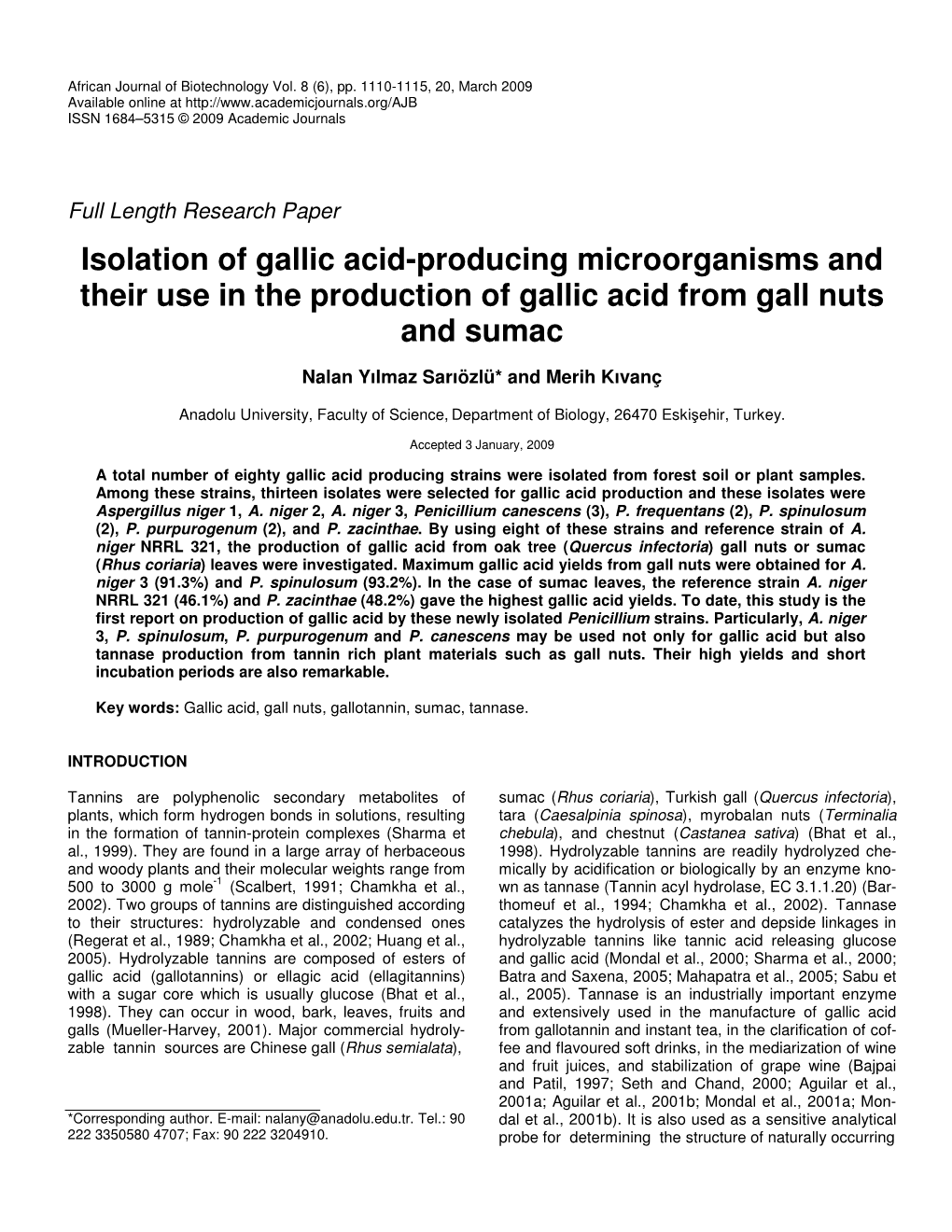Isolation of Gallic Acid-Producing Microorganisms and Their Use in the Production of Gallic Acid from Gall Nuts and Sumac