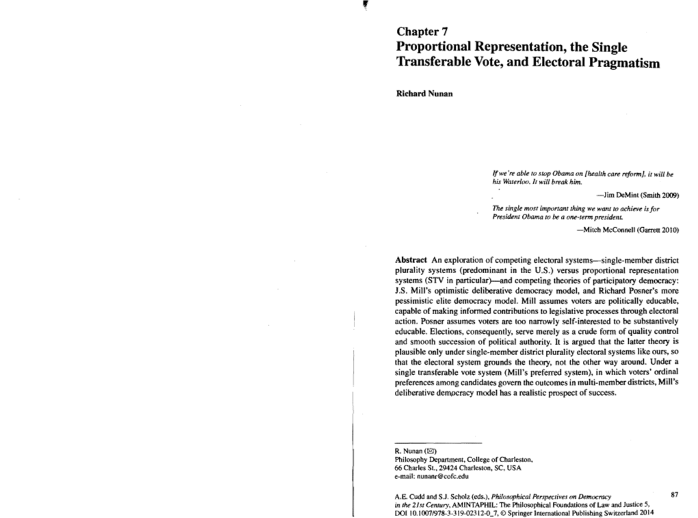 Proportional Representation, the Single Transferable Vote, and Electoral Pragmatism