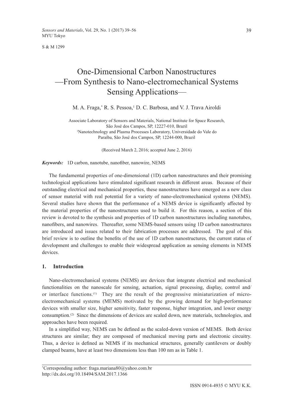 One-Dimensional Carbon Nanostructures —From Synthesis to Nano-Electromechanical Systems Sensing Applications—