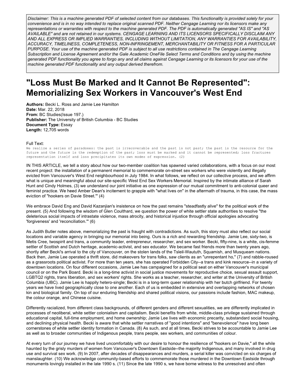 Memorializing Sex Workers in Vancouver's West End