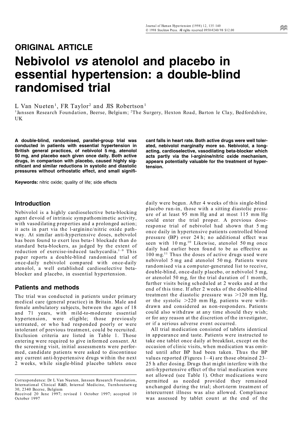 Nebivolol Vs Atenolol and Placebo in Essential Hypertension: a Double-Blind Randomised Trial