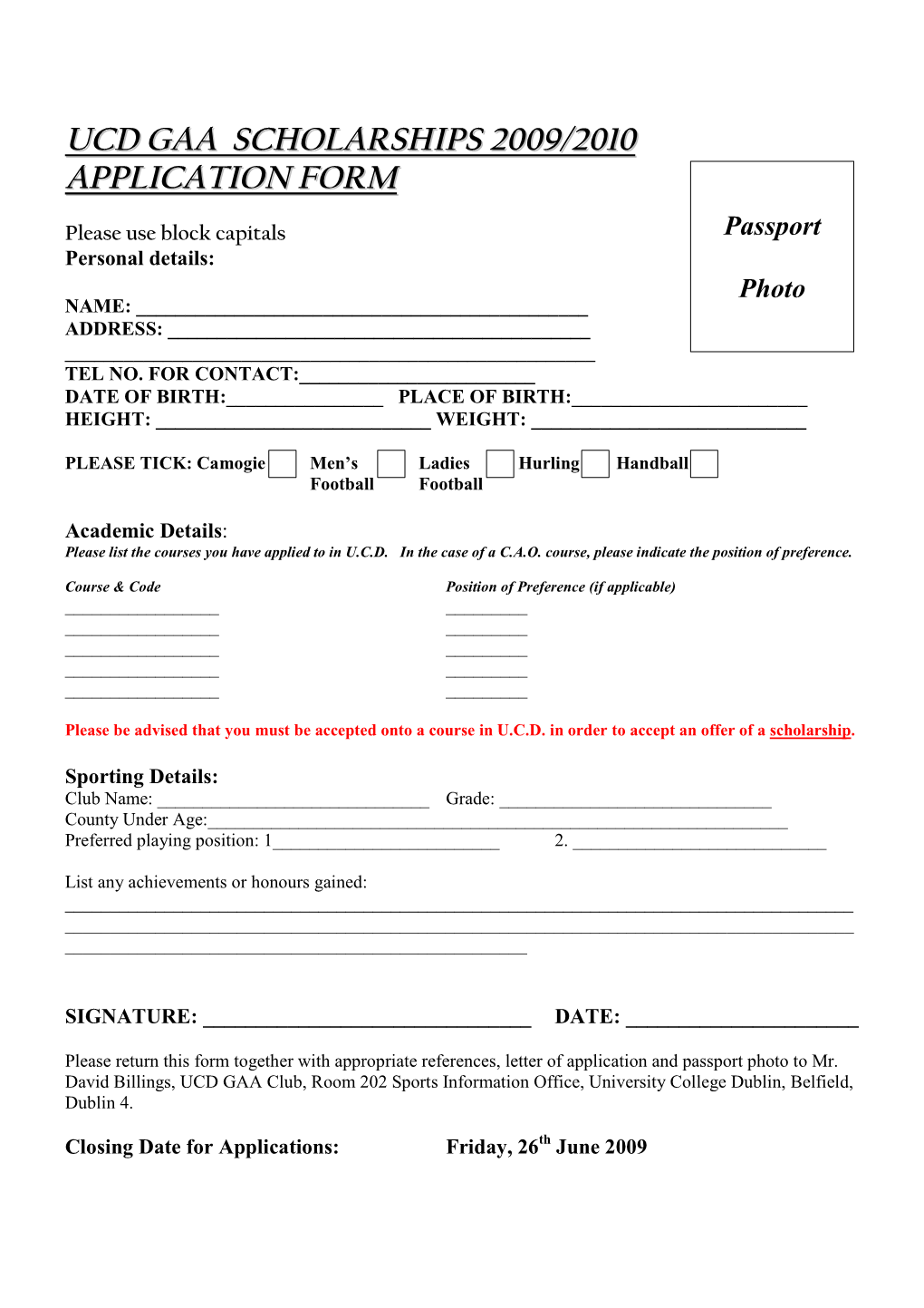 Ucd Gaa Scholarships 2009/2010 Application Form