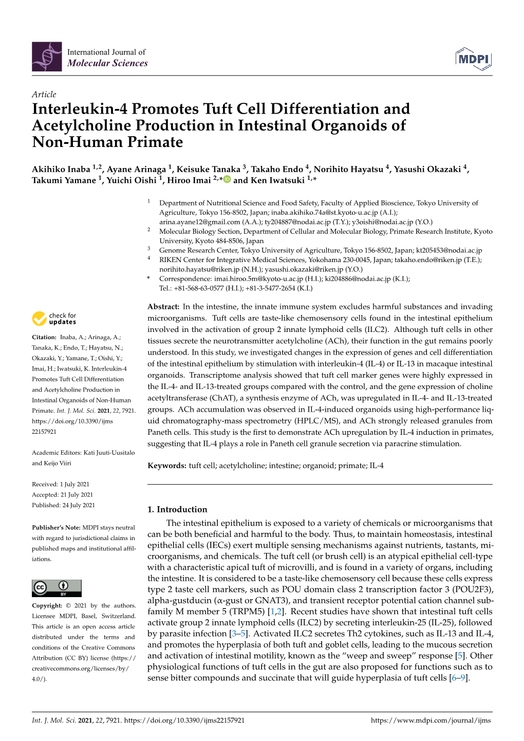 Interleukin-4 Promotes Tuft Cell Differentiation and Acetylcholine Production in Intestinal Organoids of Non-Human Primate