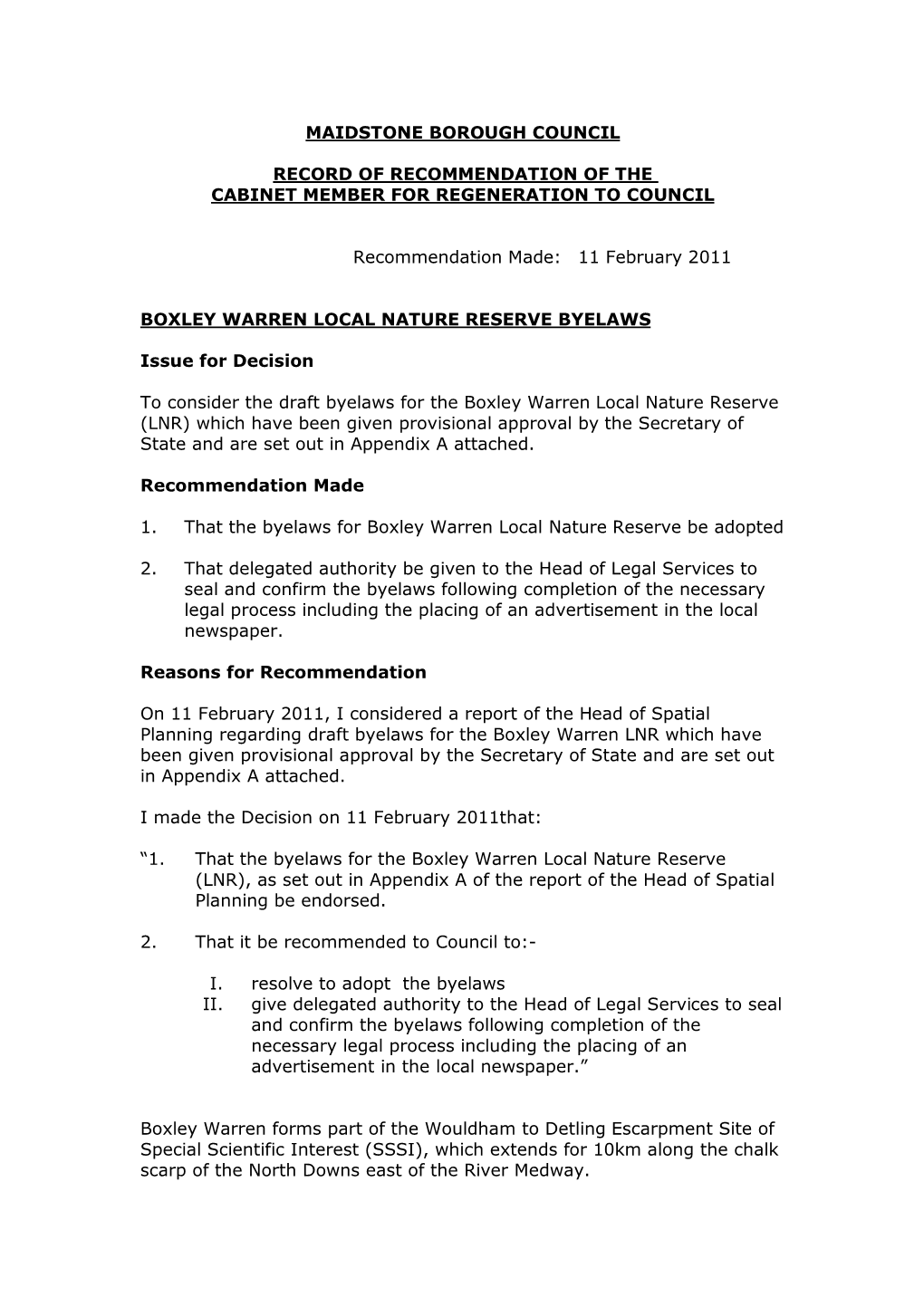 Maidstone Borough Council Record of Recommendation