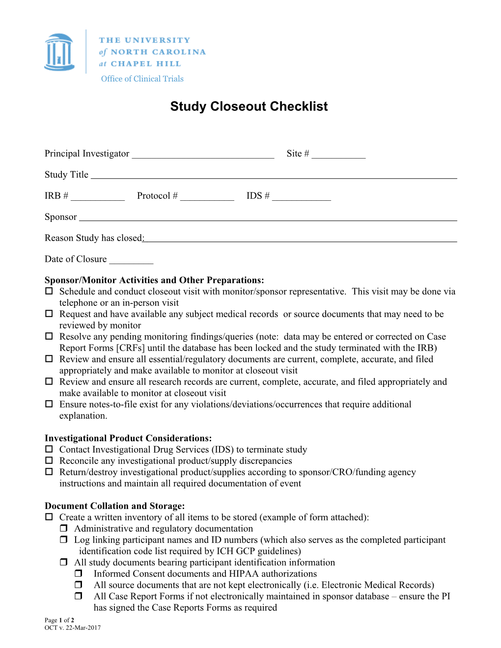 Study Closeout Checklist