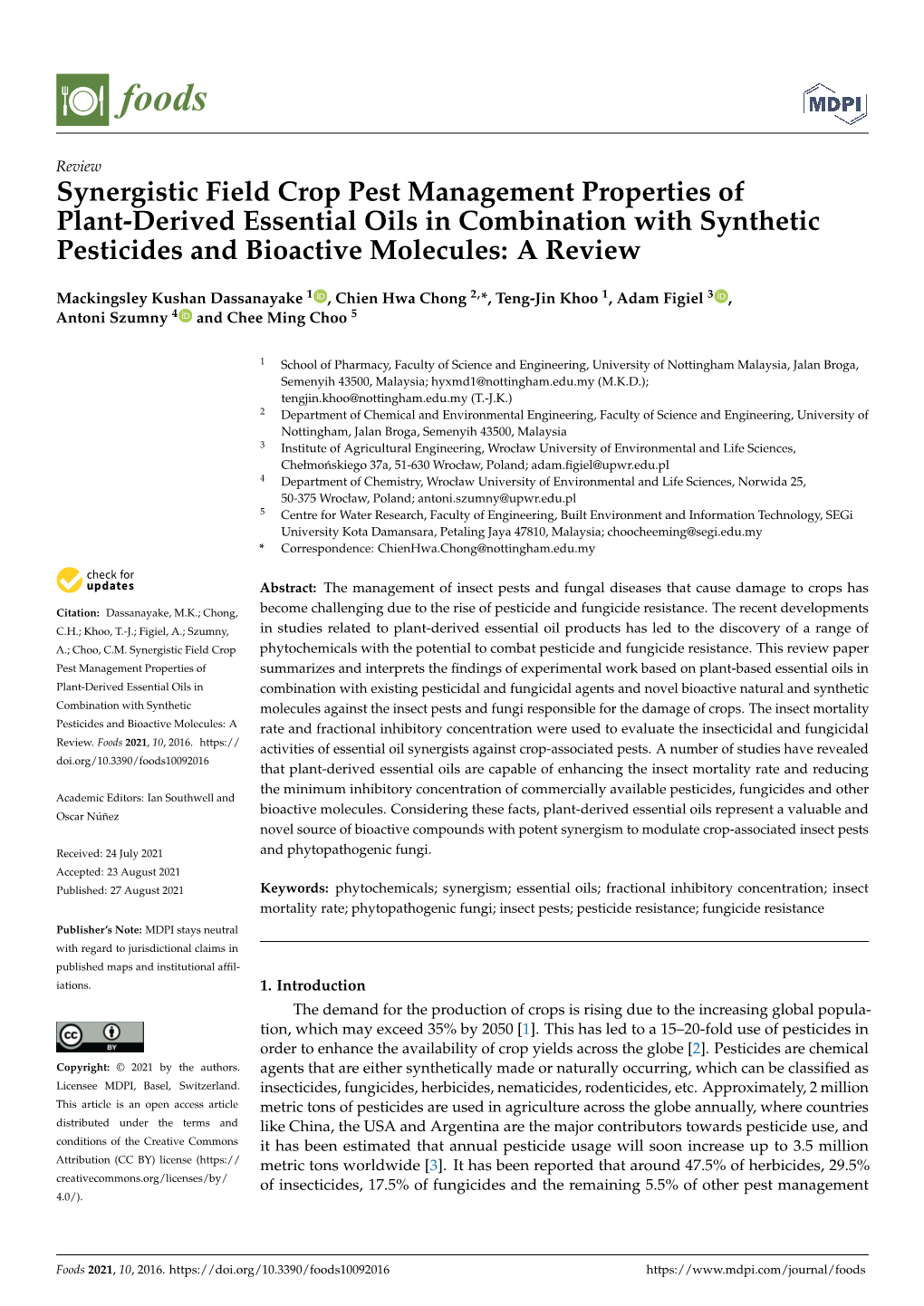 Synergistic Field Crop Pest Management Properties of Plant-Derived Essential Oils in Combination with Synthetic Pesticides and Bioactive Molecules: a Review