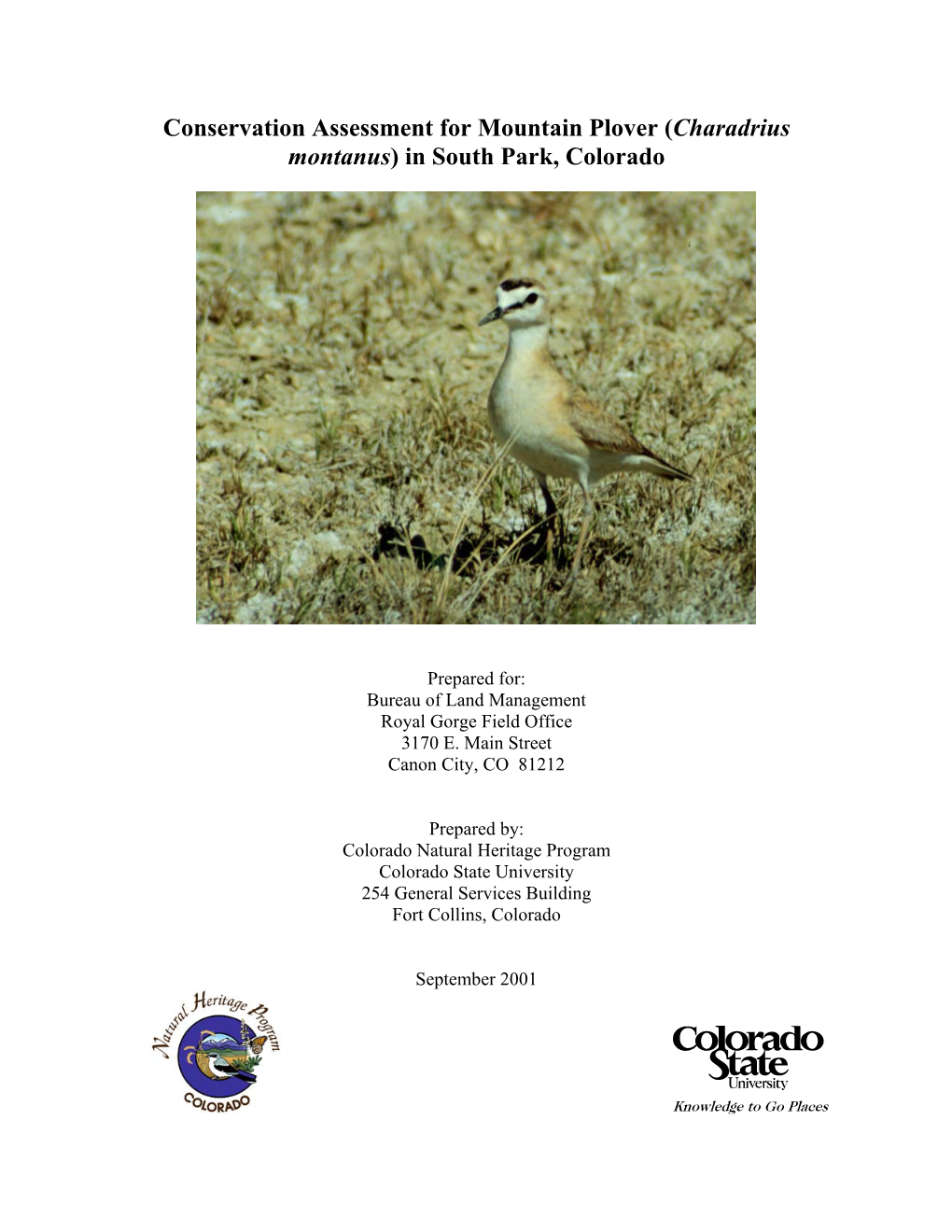 Conservation Assessment for Mountain Plover (Charadrius Montanus) in South Park, Colorado