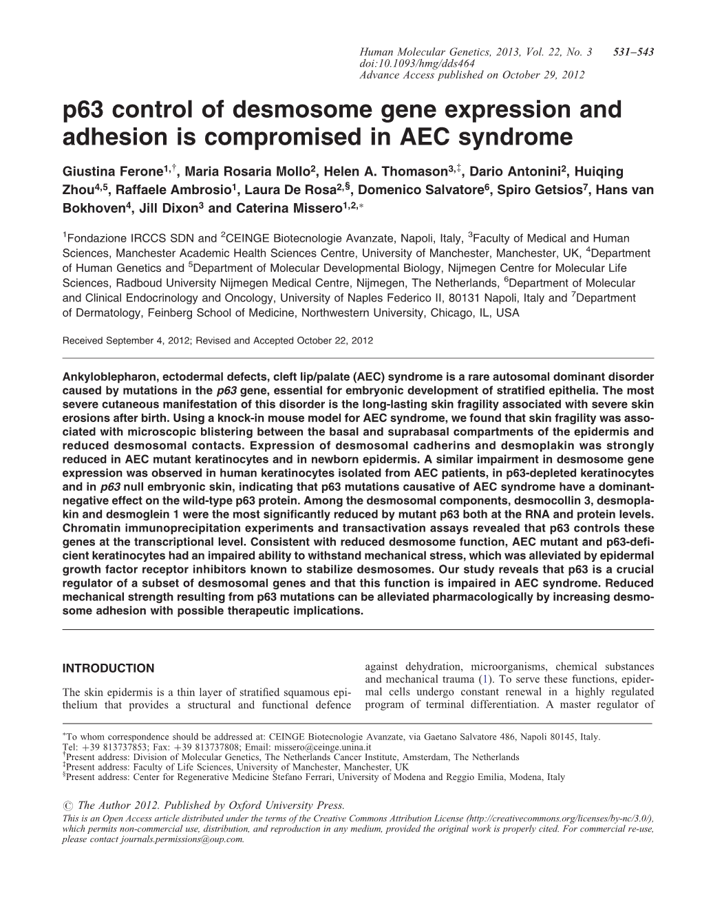 P63 Control of Desmosome Gene Expression and Adhesion Is Compromised in AEC Syndrome