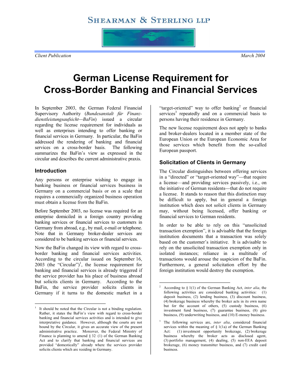 German License Requirement for Cross-Border Banking and Financial Services