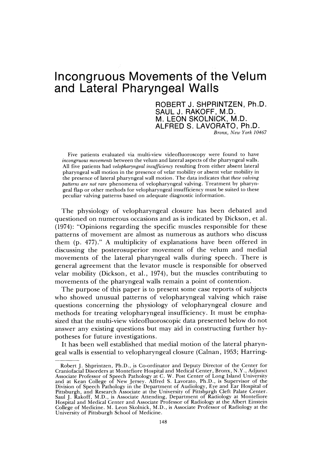 Incongruous Movements of the Velum and Lateral Pharyngeal Walls