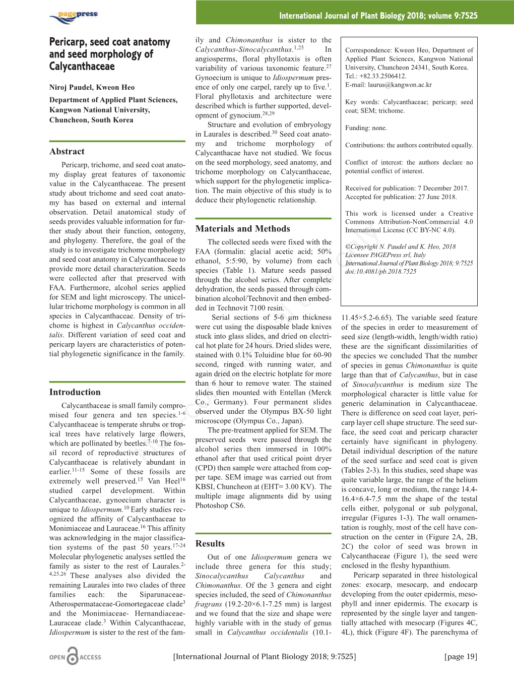 Pericarp, Seed Coat Anatomy and Seed Morphology of Calycanthaceae