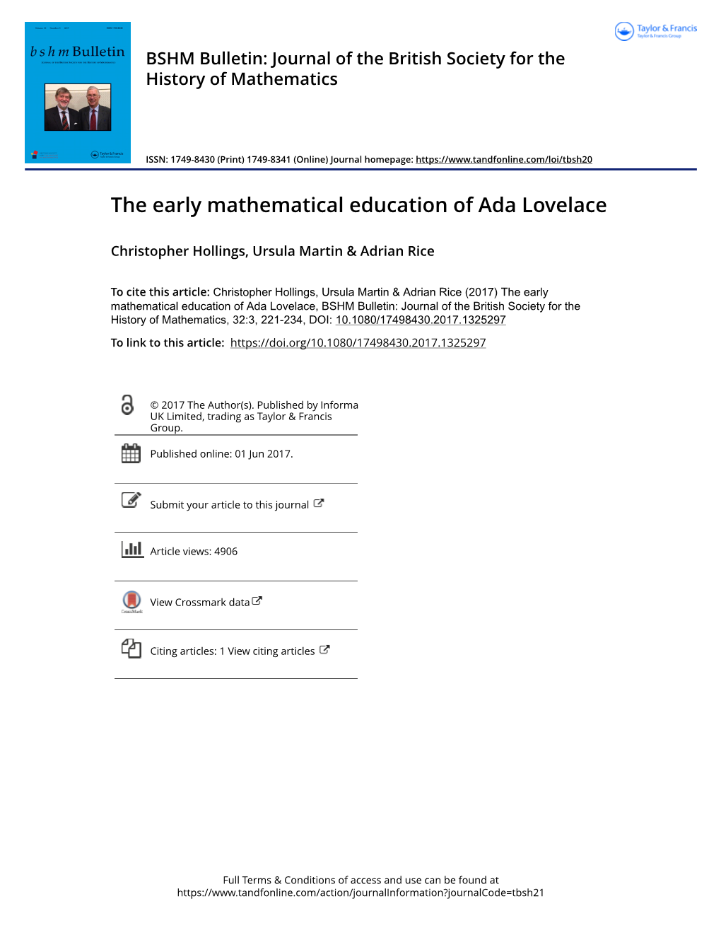 The Early Mathematical Education of Ada Lovelace