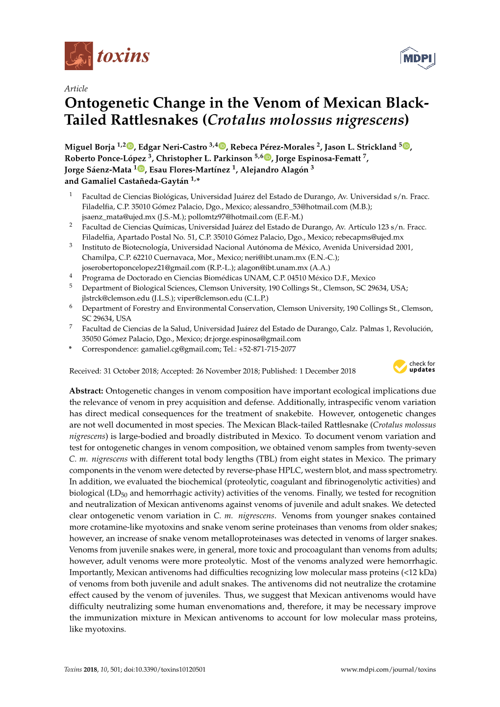 Ontogenetic Change in the Venom of Mexican Black- Tailed Rattlesnakes (Crotalus Molossus Nigrescens)