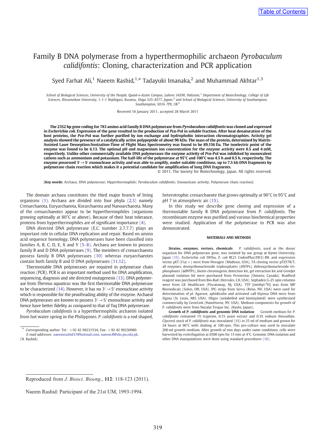 Pyrobaculum Calidifontis: Cloning, Characterization and PCR Application