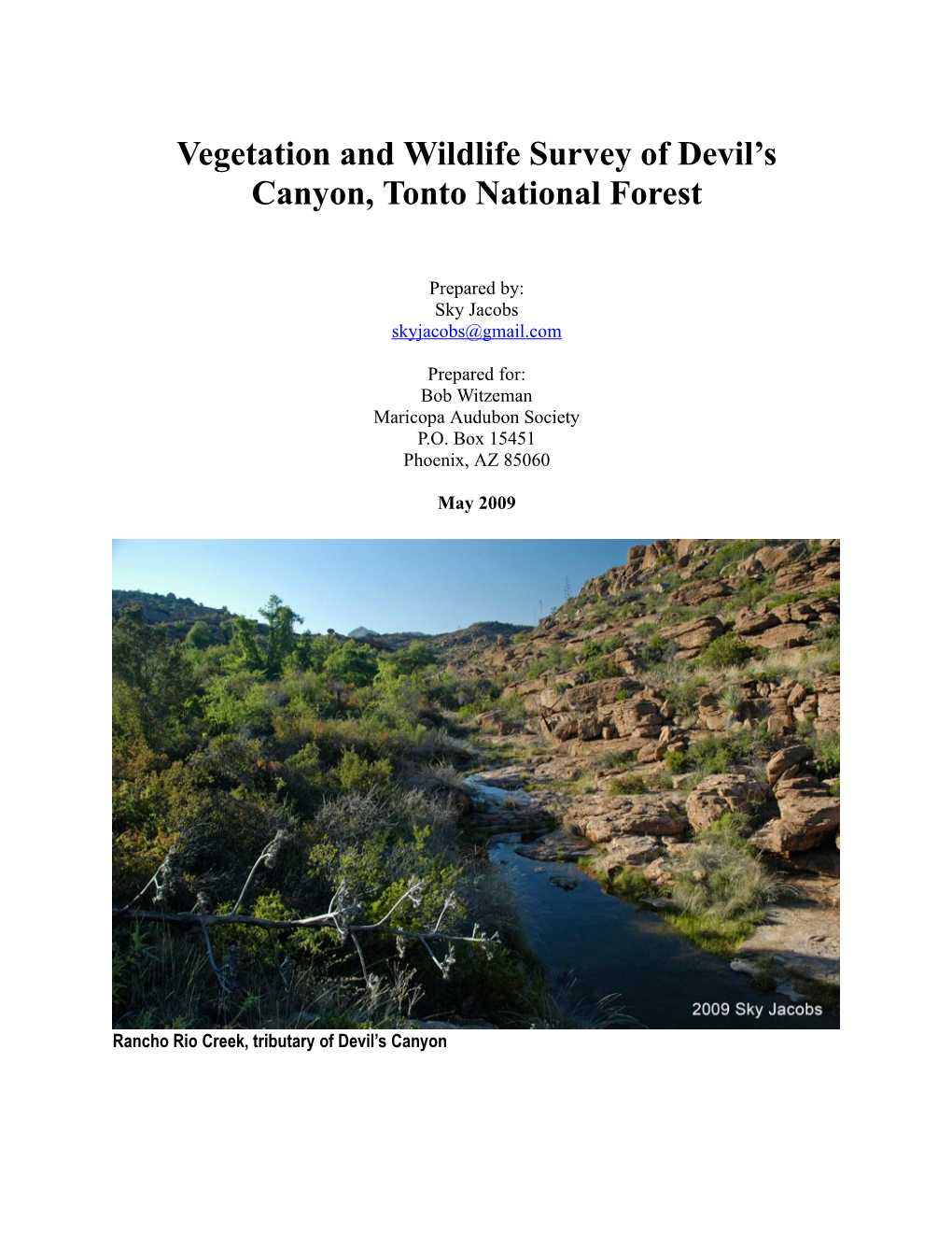 Vegetation and Wildlife Survey of Devil's Canyon, Tonto National Forest