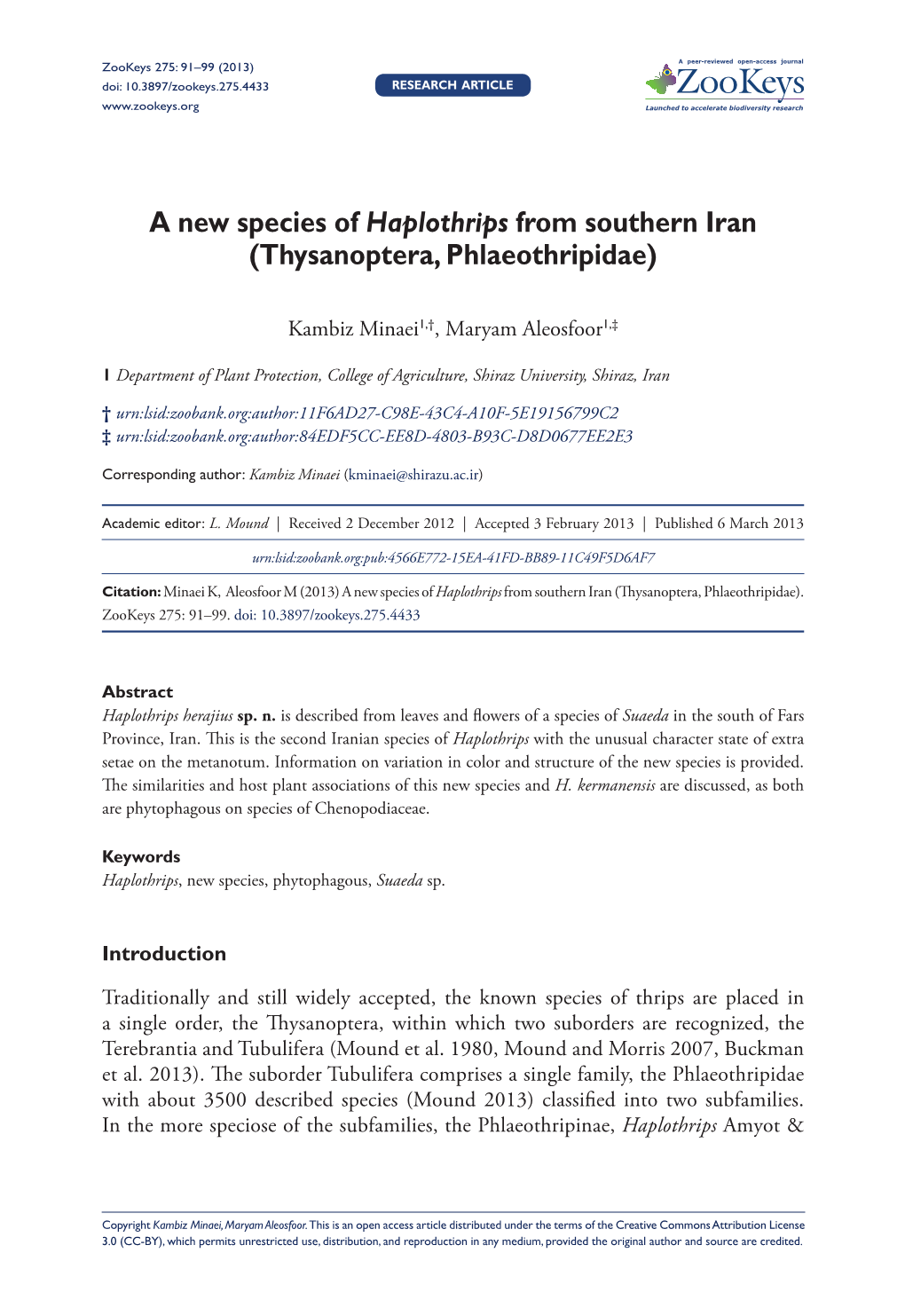 A New Species of Haplothripsfrom Southern Iran (Thysanoptera, Phlaeothripidae)