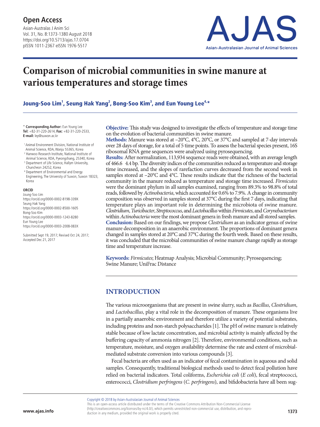 Comparison of Microbial Communities in Swine Manure at Various Temperatures and Storage Times