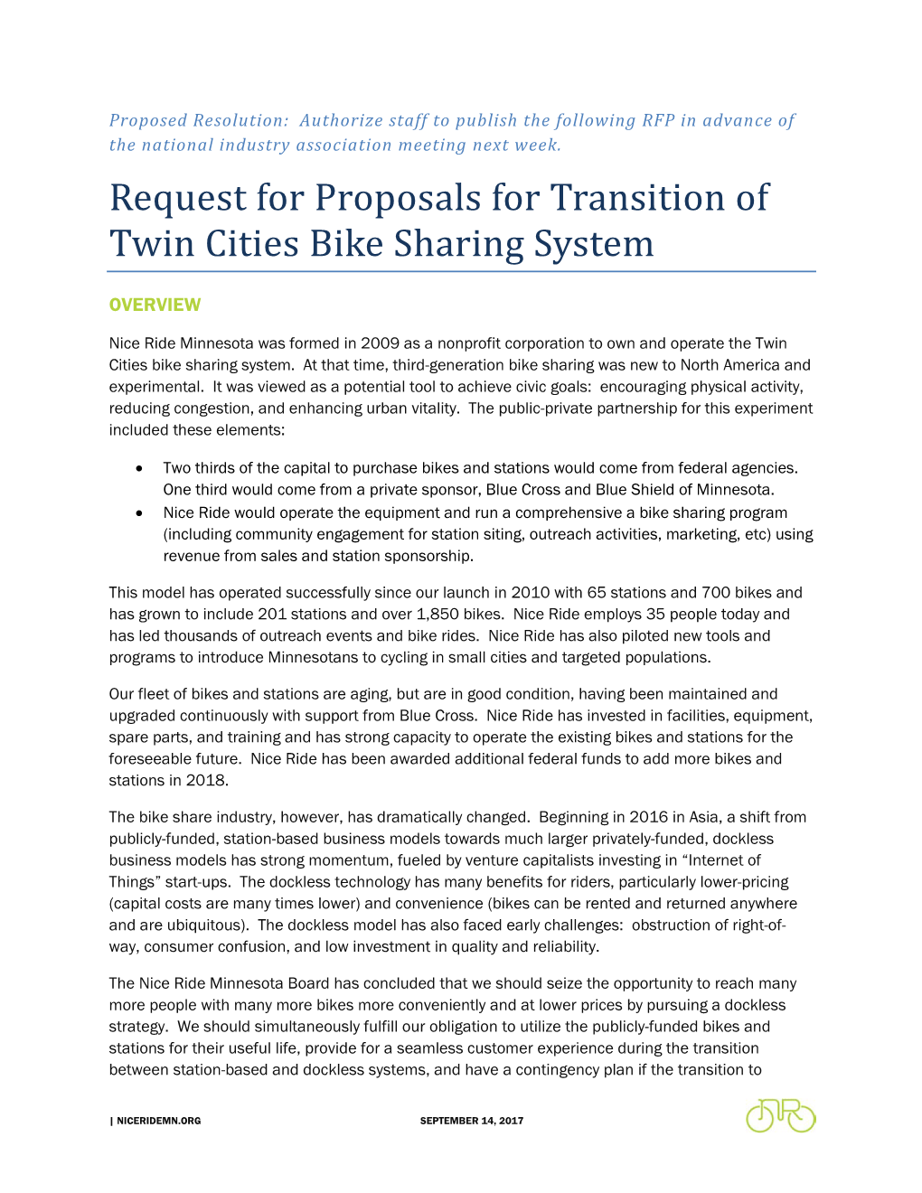 Request for Proposals for Transition of Twin Cities Bike Sharing System