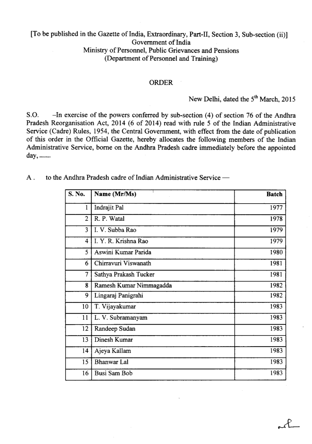 Government of India Ministry of Personnel, Public Grievances and Pensions (Department of Personnel and Training)