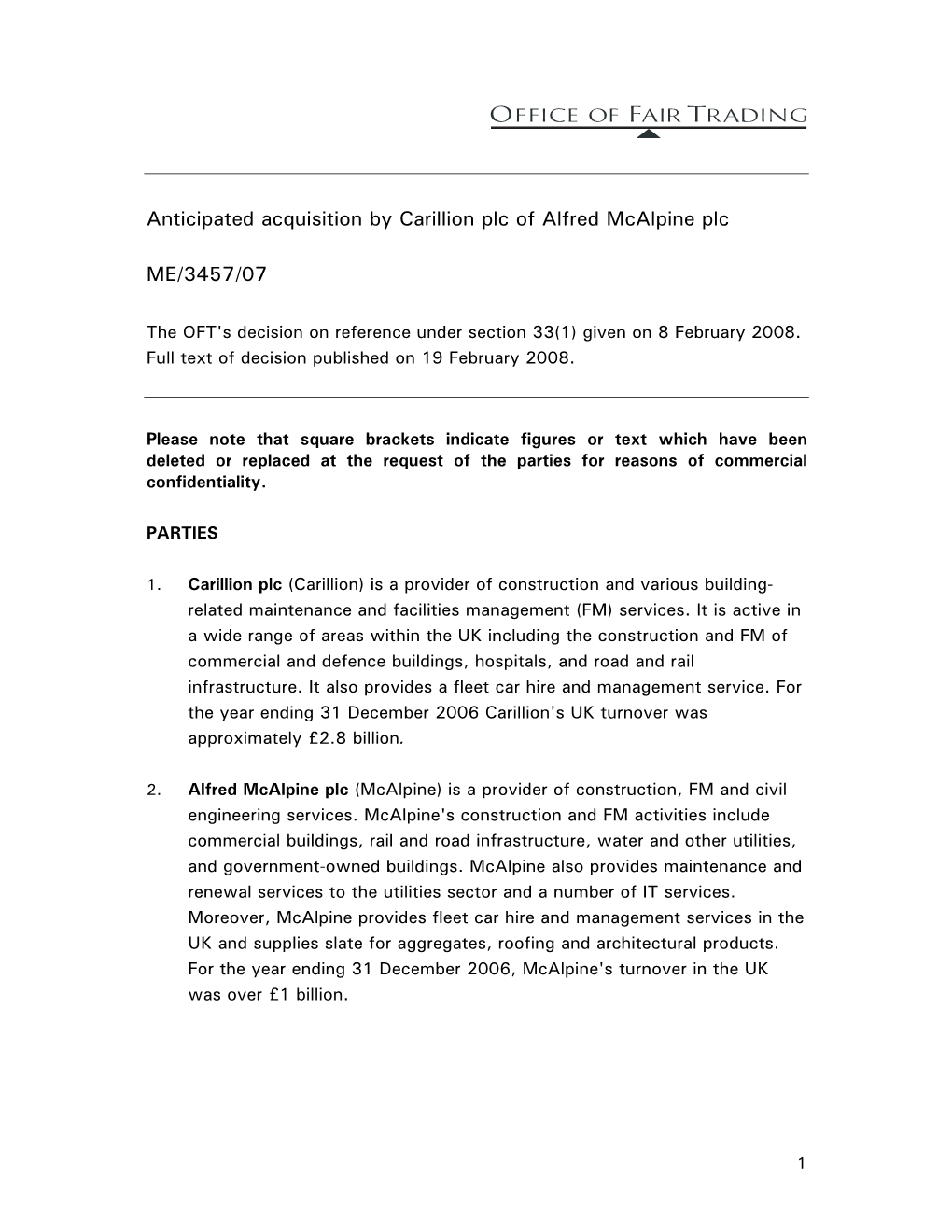 Anticipated Acquisition by Carillion Plc of Alfred Mcalpine Plc