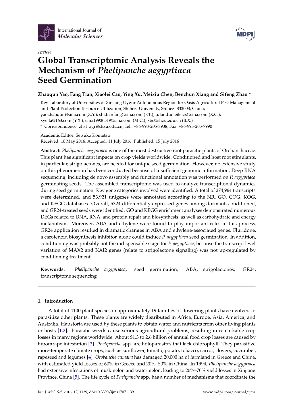 Global Transcriptomic Analysis Reveals the Mechanism of Phelipanche Aegyptiaca Seed Germination
