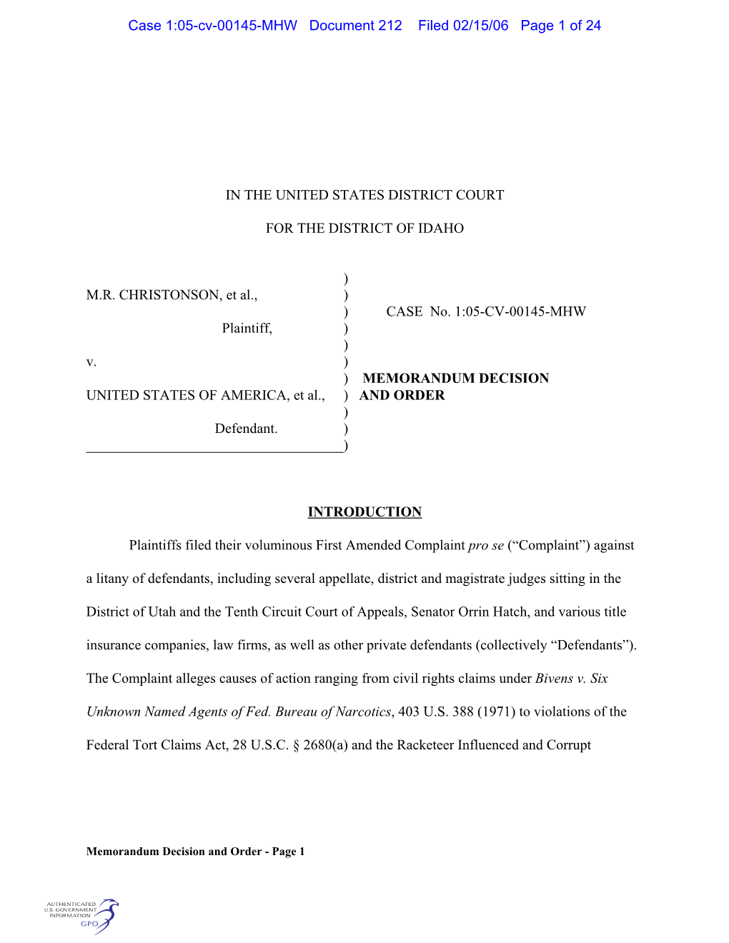 Case 1:05-Cv-00145-MHW Document 212 Filed 02/15/06 Page 1 of 24