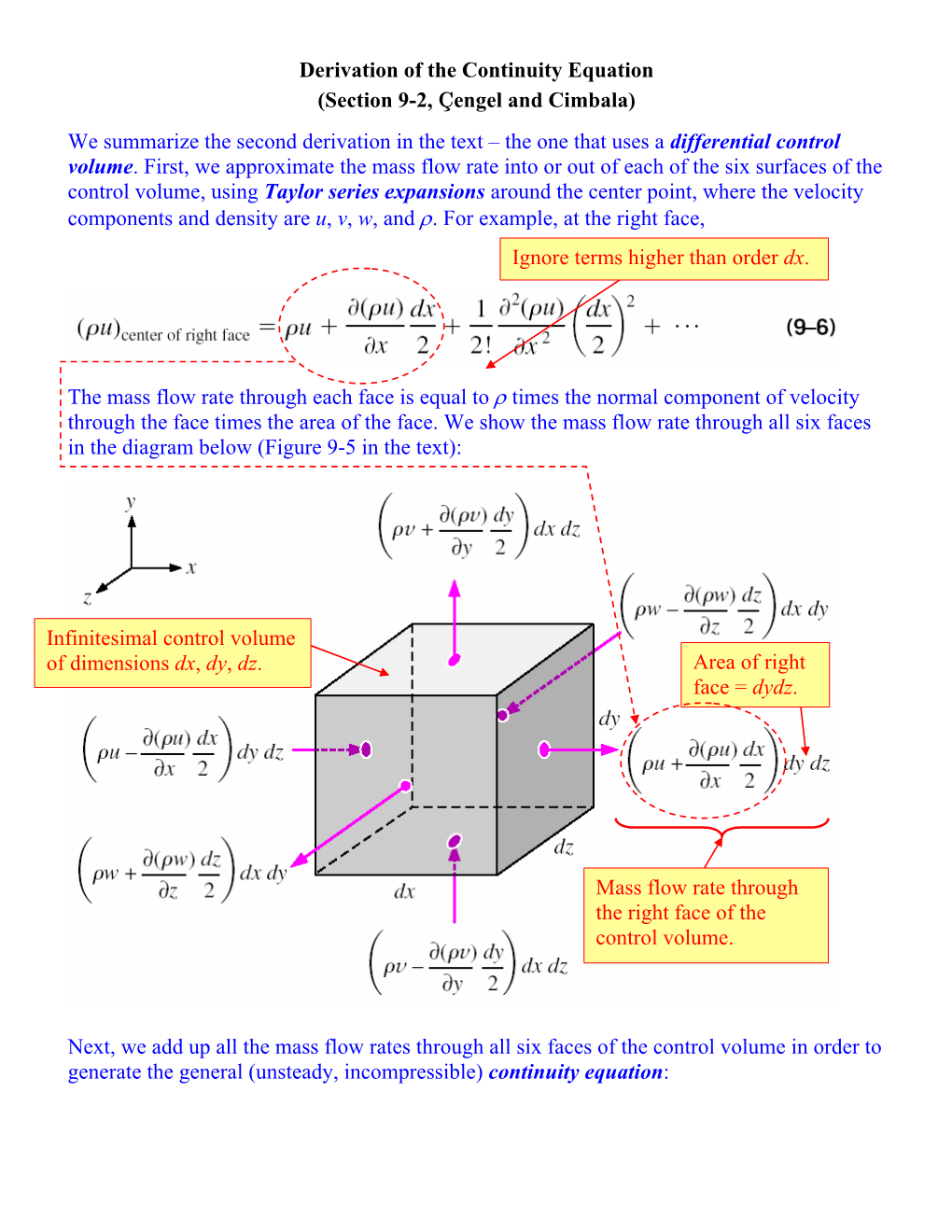 Derivation of the Continuity Equation (Section 9-2, Çengel and Cimbala) We Summarize the Second Derivation in the Text –