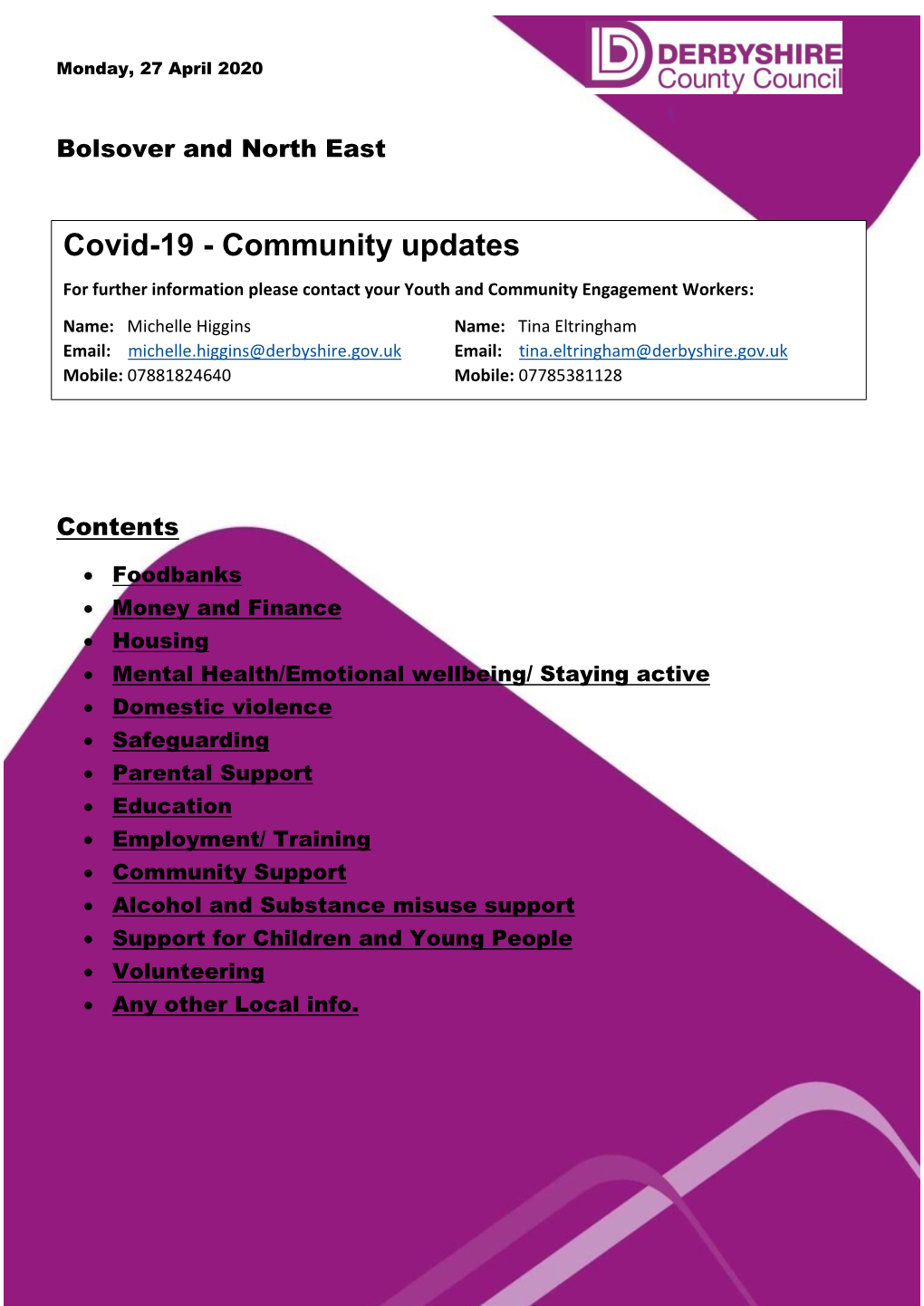 Community Update – Bolsover and NE 27.04.20