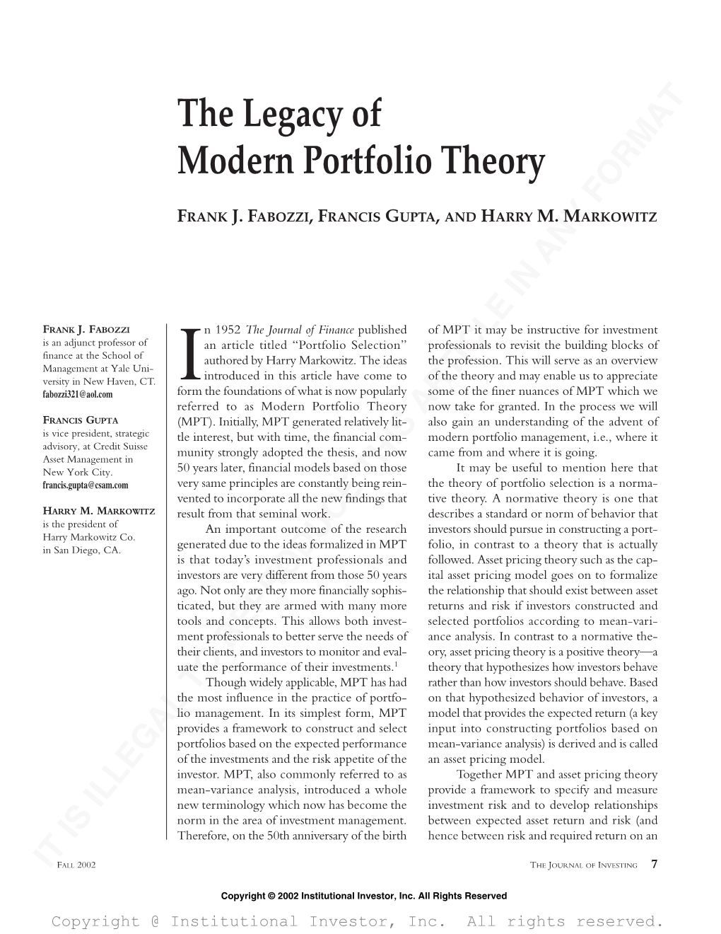 The Legacy of Modern Portfolio Theory
