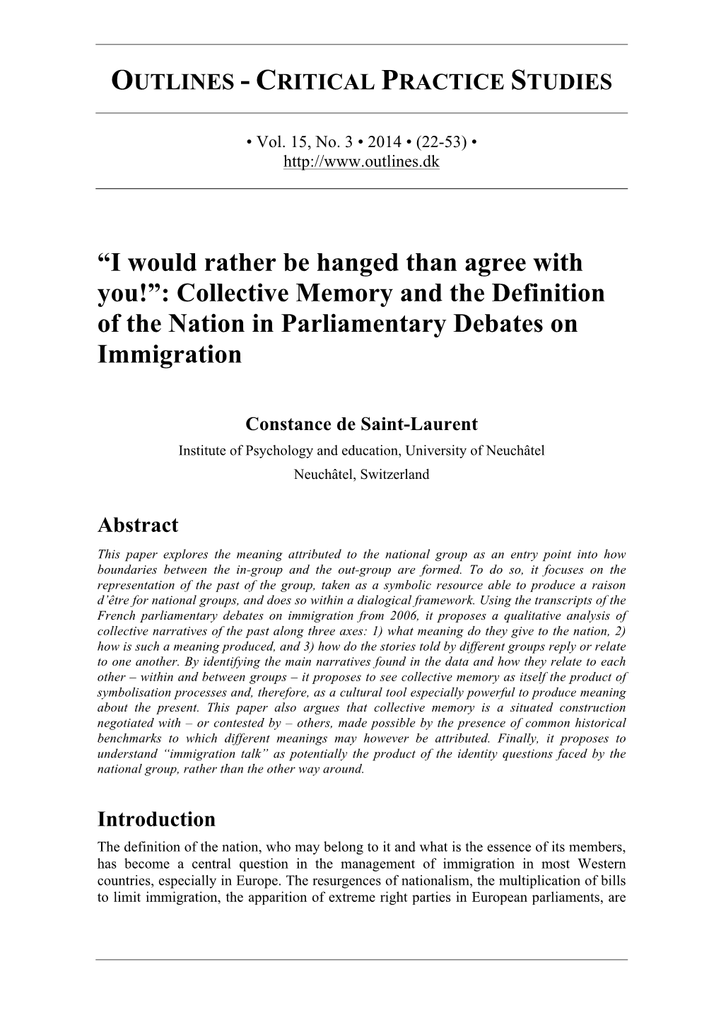 Collective Memory and the Definition of the Nation in Parliamentary Debates on Immigration