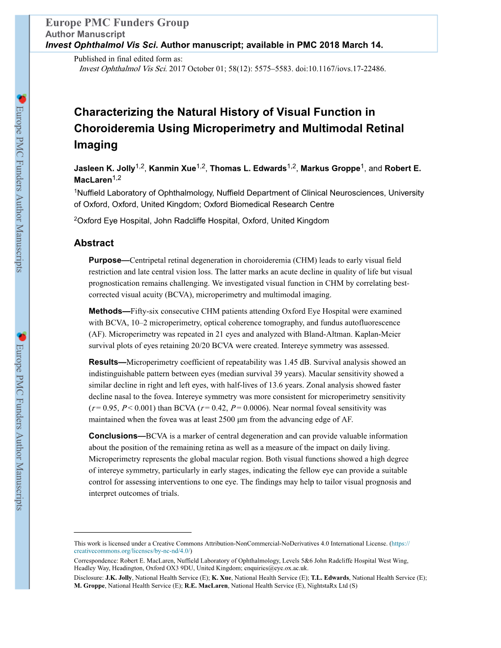 Characterizing the Natural History of Visual Function in Choroideremia Using Microperimetry and Multimodal Retinal Imaging