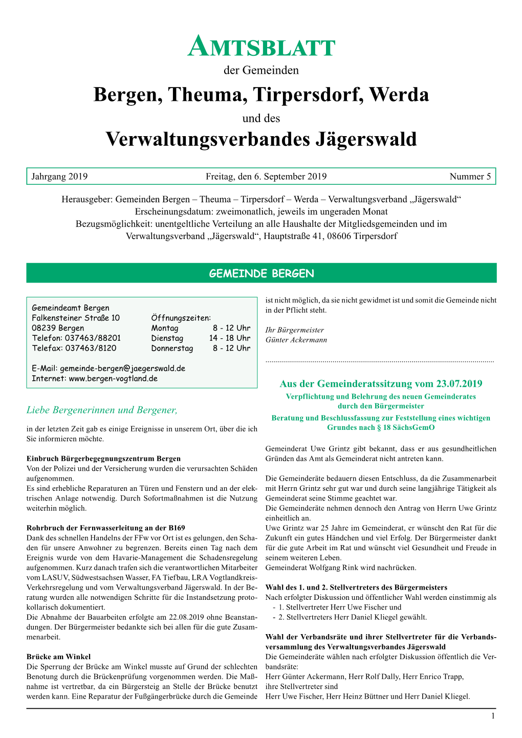 Bergen, Theuma, Tirpersdorf, Werda Und Des Verwaltungsverbandes Jägerswald