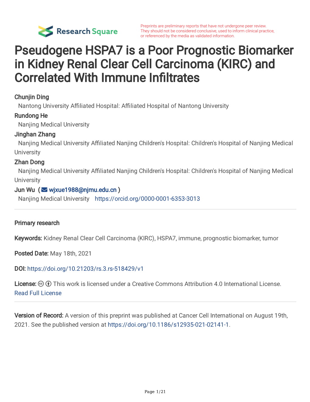 Pseudogene HSPA7 Is a Poor Prognostic Biomarker in Kidney Renal Clear Cell Carcinoma (KIRC) and Correlated with Immune Infltrates