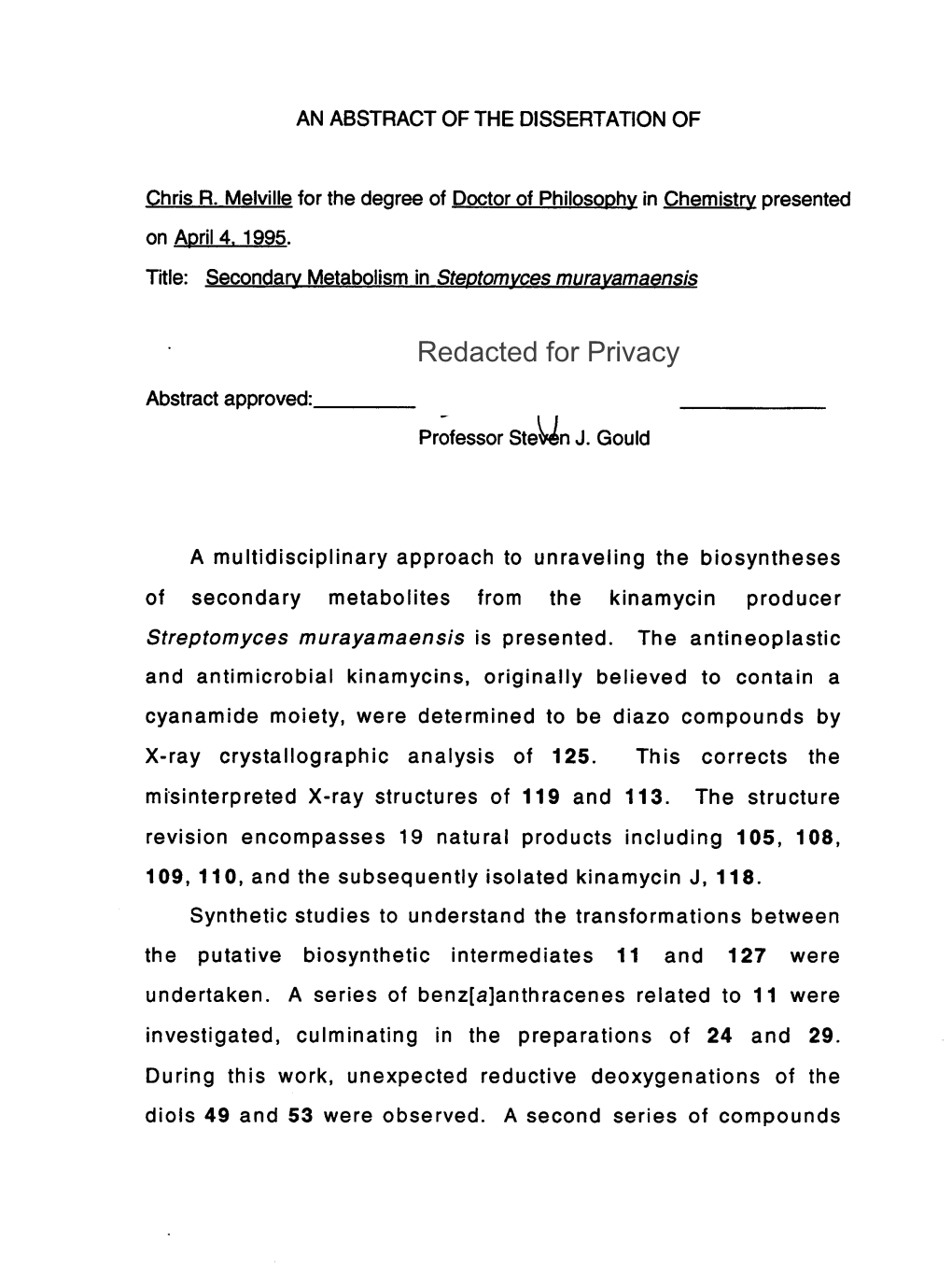 Secondary Metabolism in Streptomyces Murayamaensis by Chris R