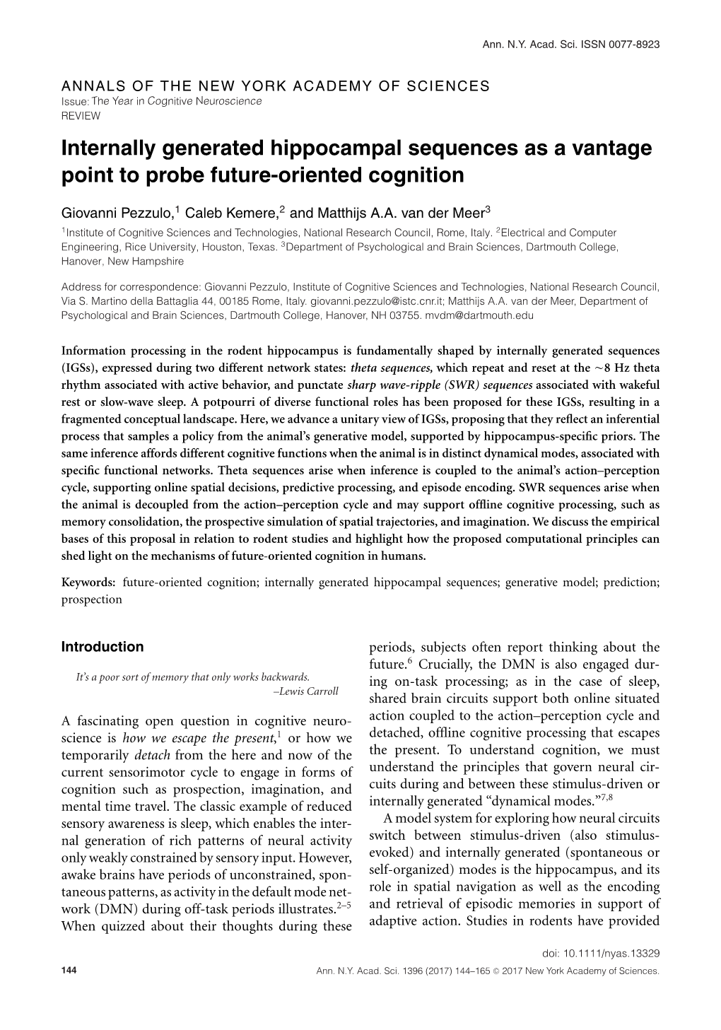 Internally Generated Hippocampal Sequences As a Vantage Point to Probe Future-Oriented Cognition