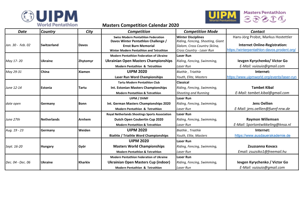 Masters Competition Calendar 2020