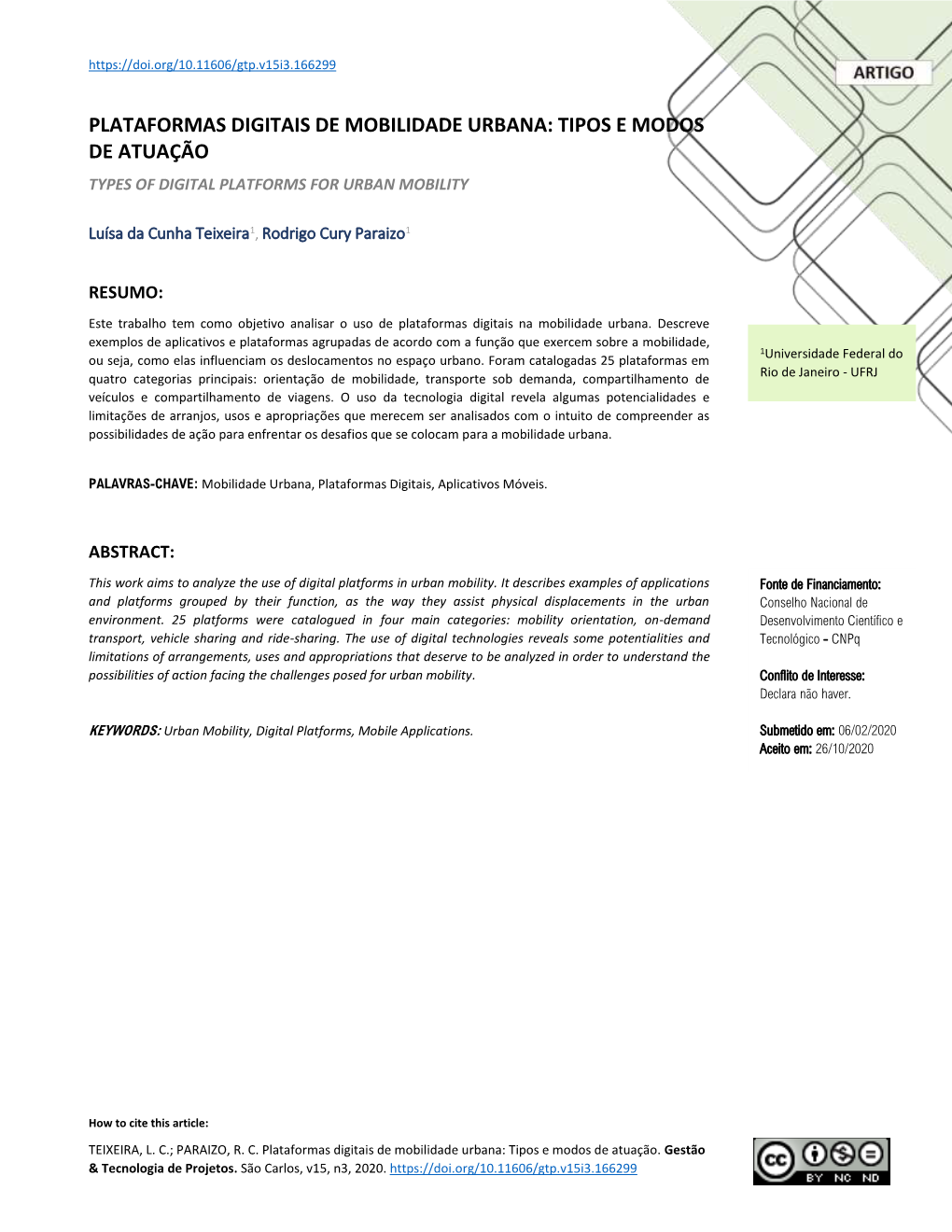 Plataformas Digitais De Mobilidade Urbana: Tipos E Modos De Atuação Types of Digital Platforms for Urban Mobility