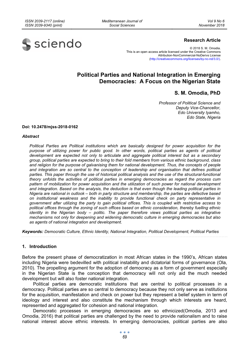 Political Parties and National Integration in Emerging Democracies: a Focus on the Nigerian State