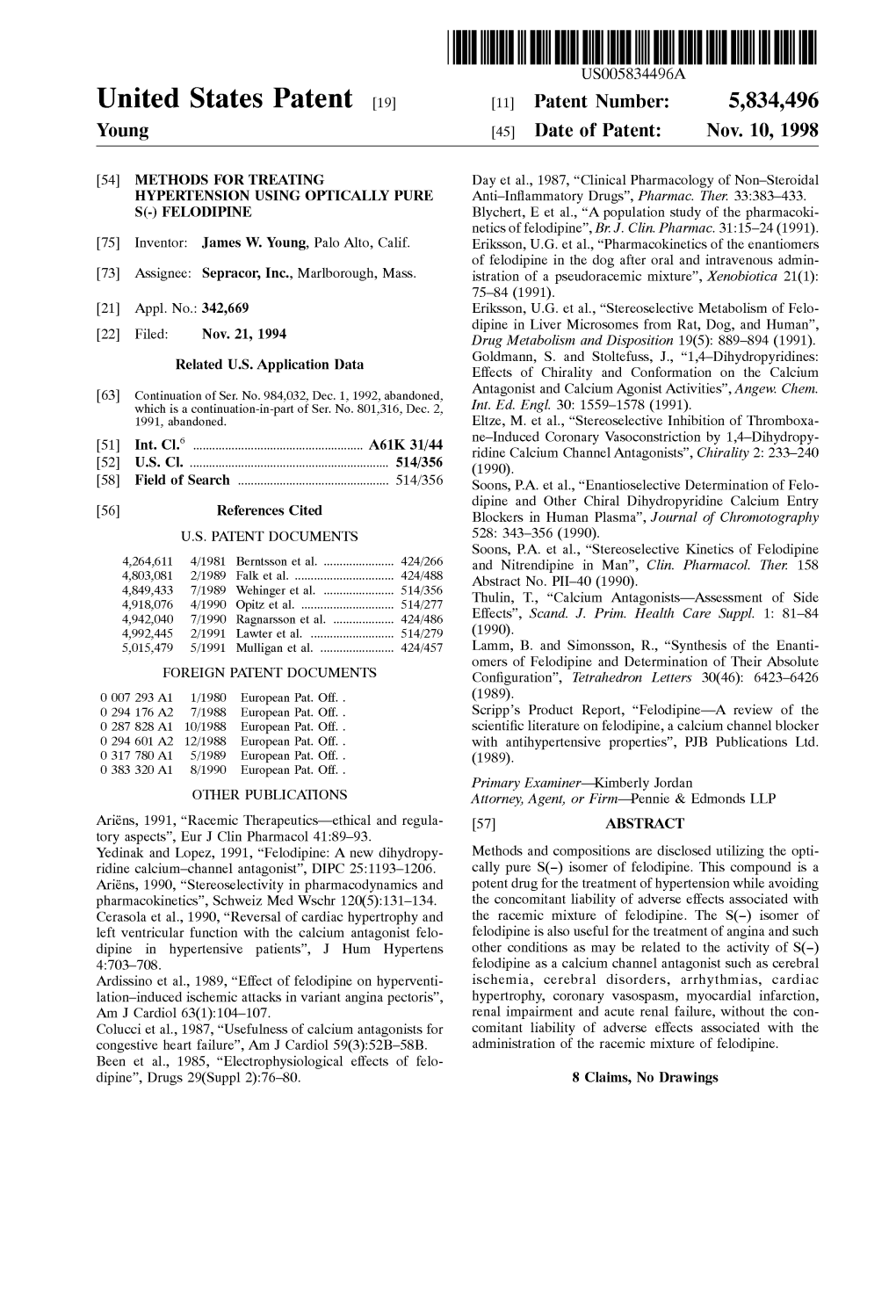 United States Patent (19) 11 Patent Number: 5,834,496 Young (45) Date of Patent: Nov