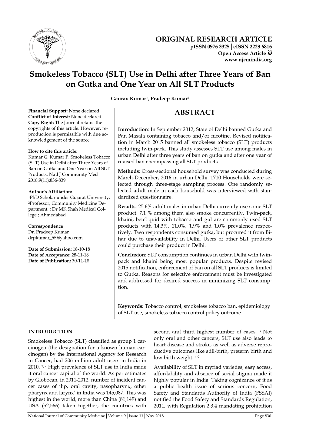 Smokeless Tobacco (SLT) Use in Delhi After Three Years of Ban on Gutka and One Year on All SLT Products