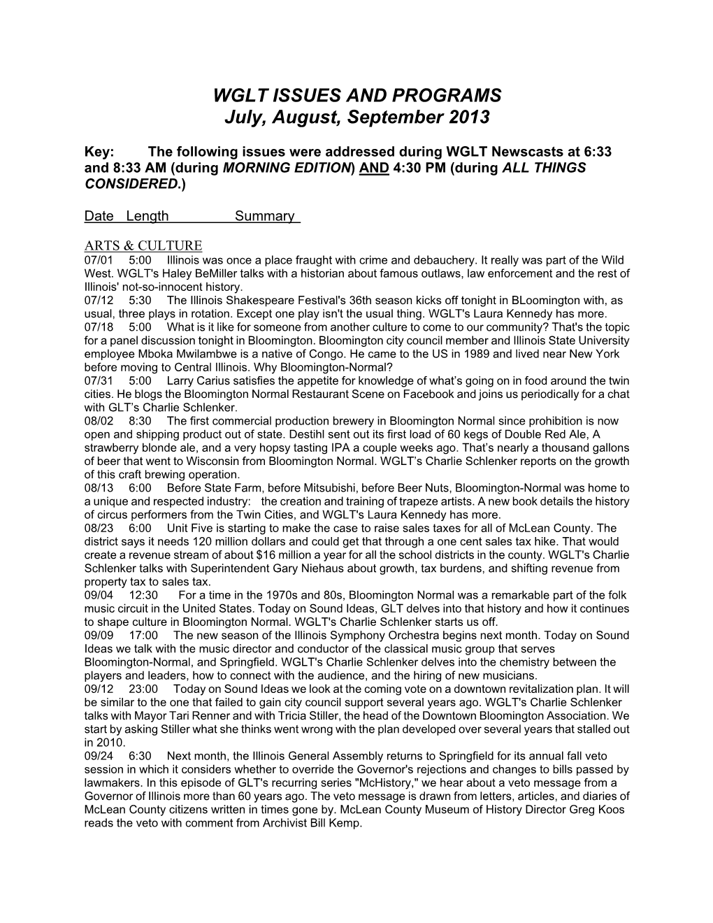 WGLT ISSUES and PROGRAMS July, August, September 2013