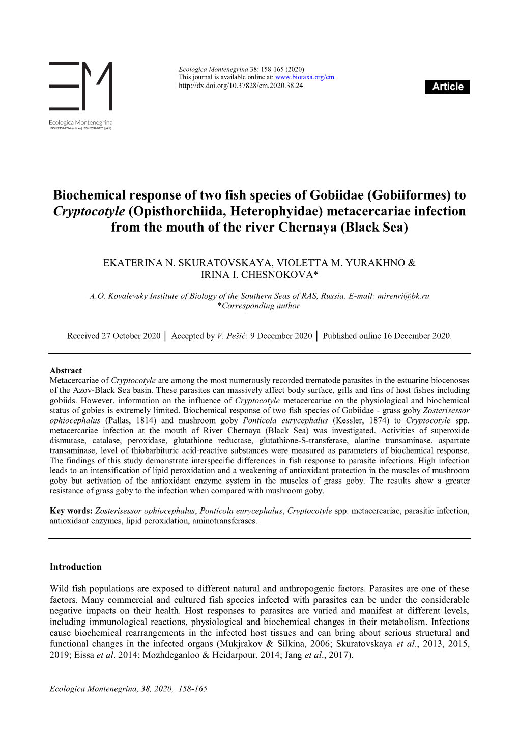 Biochemical Response of Two Fish Species of Gobiidae