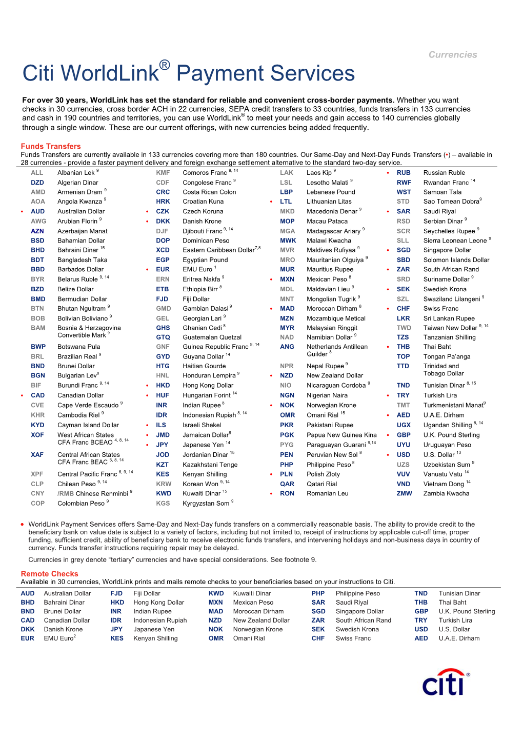 Currencies Citi Worldlink Payment Services