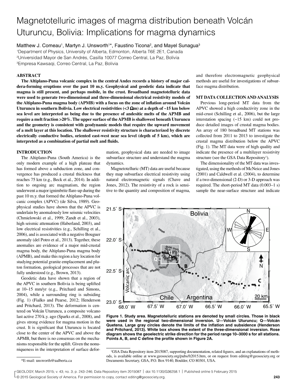 Magnetotelluric Images of Magma Distribution Beneath Volcán Uturuncu, Bolivia: Implications for Magma Dynamics