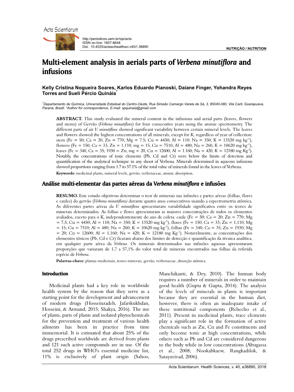 Multi-Element Analysis in Aerials Parts of Verbena Minutiflora and Infusions