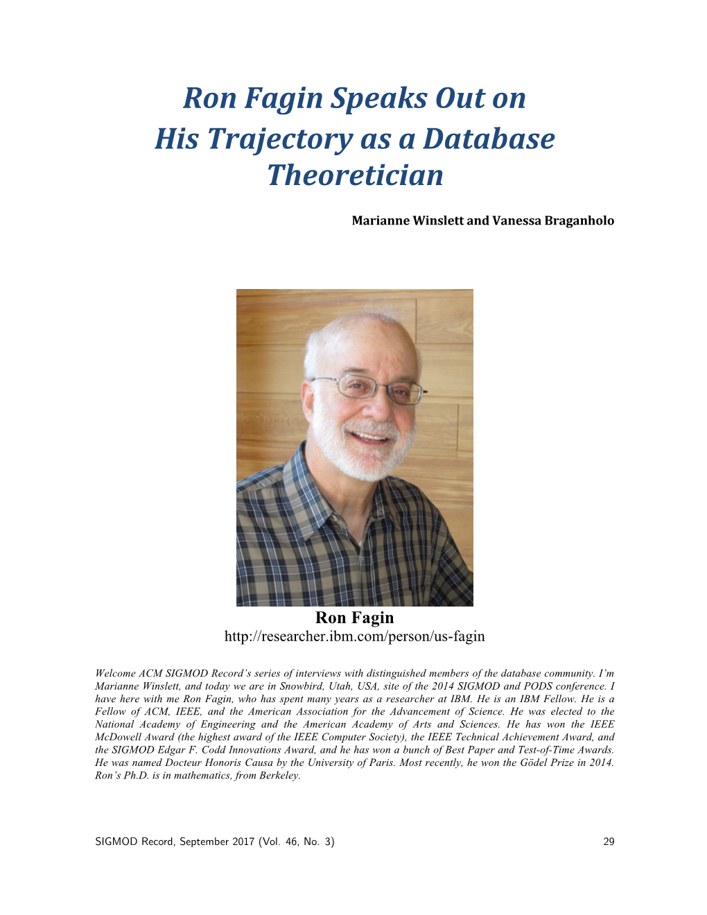 Ron Fagin Speaks out on His Trajectory As a Database Theoretician