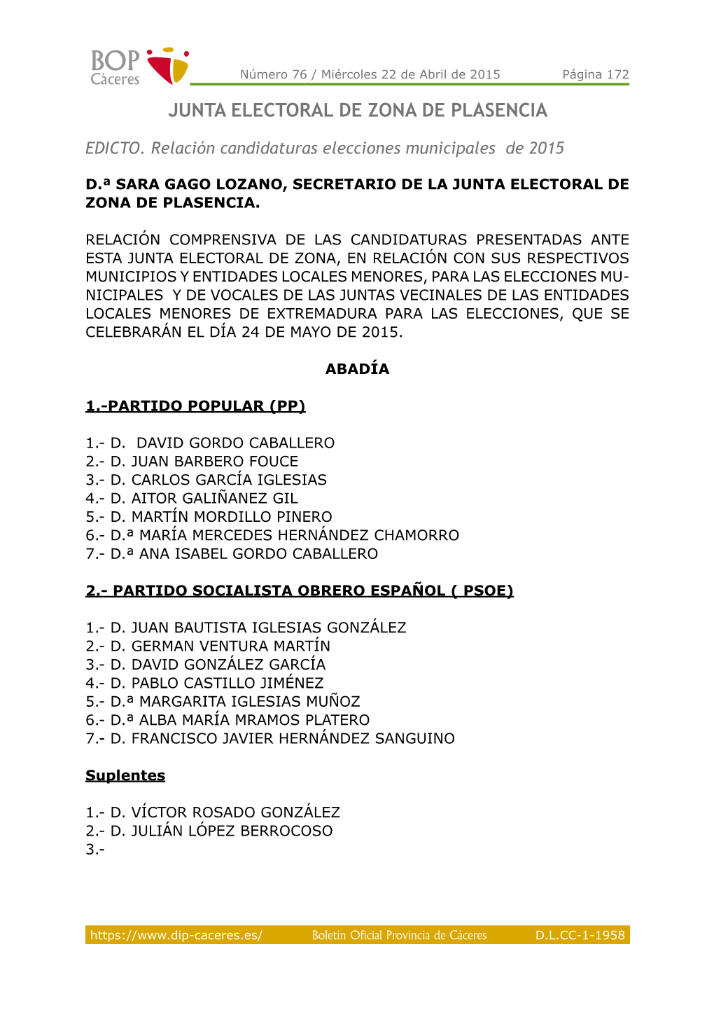 Junta Electoral De Zona DE PLASENCIA